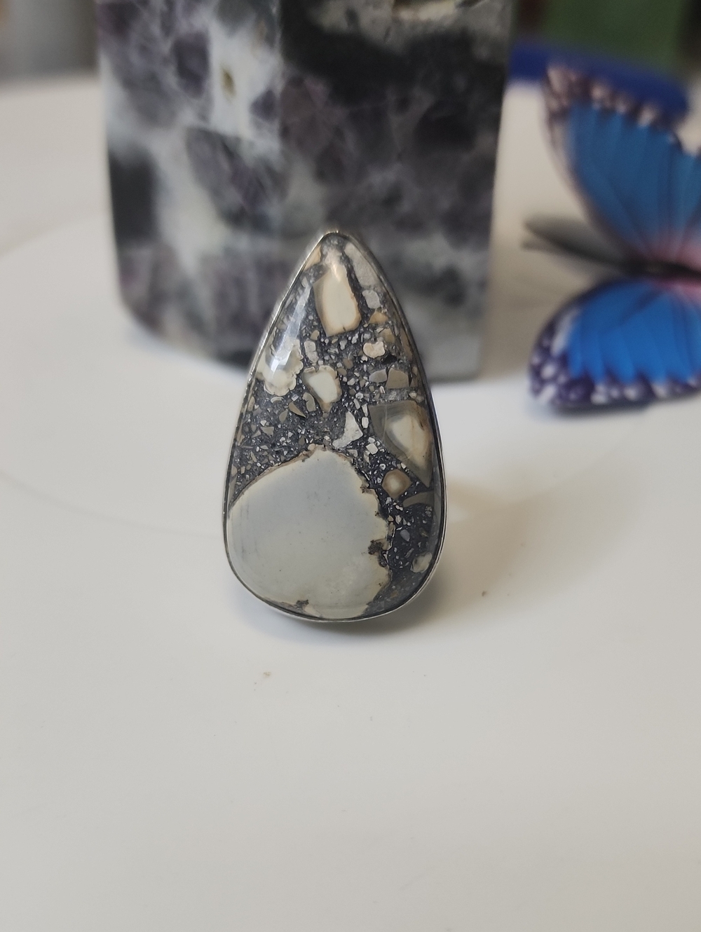 Handcrafted Teardrop Jasper Statement Ring in Gray and Cream